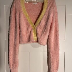 Pink and Yellow Fuzzy cropped Cardigan Sweater